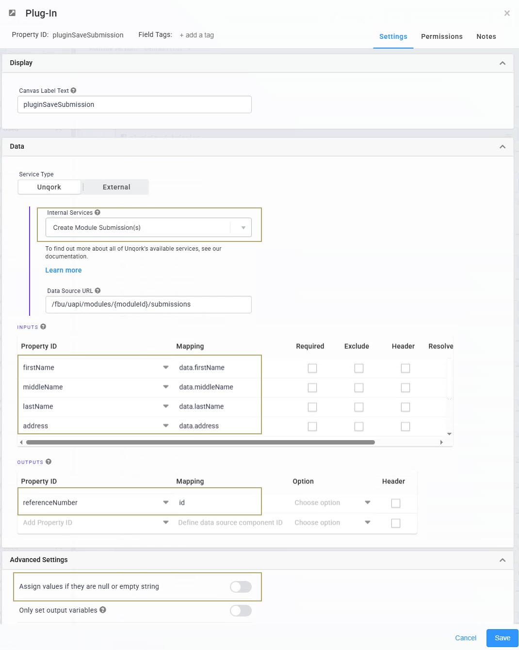 A static image displaying the Settings interface for a plugin with input and output property mappings displayed.