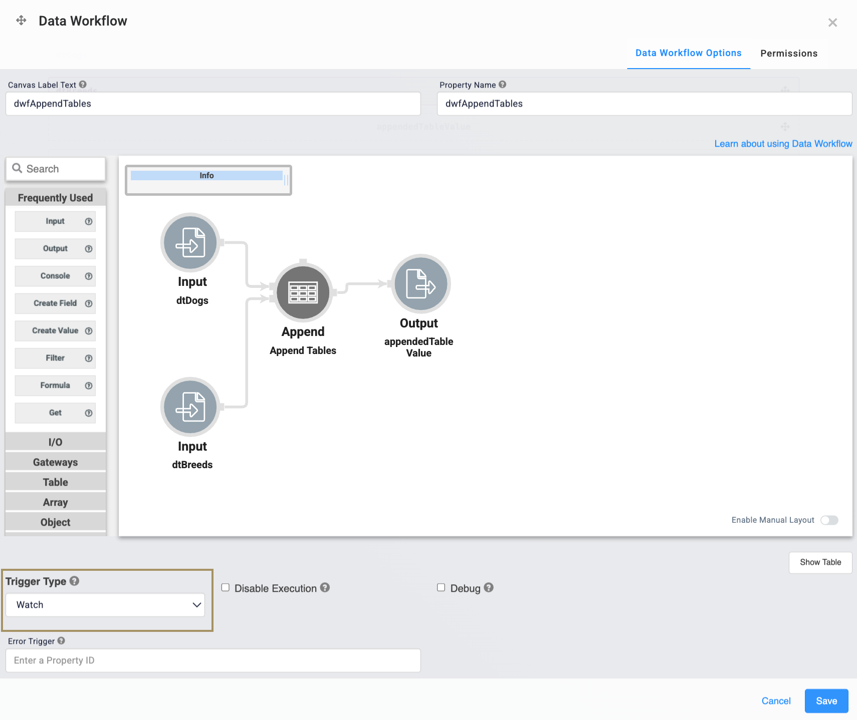 Data workflow diagram showing input, append, and output processes for tables.