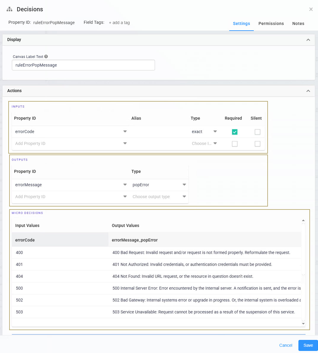 A static image displaying the Decisions component settings interface displaying error codes and messages for decision-making processes.