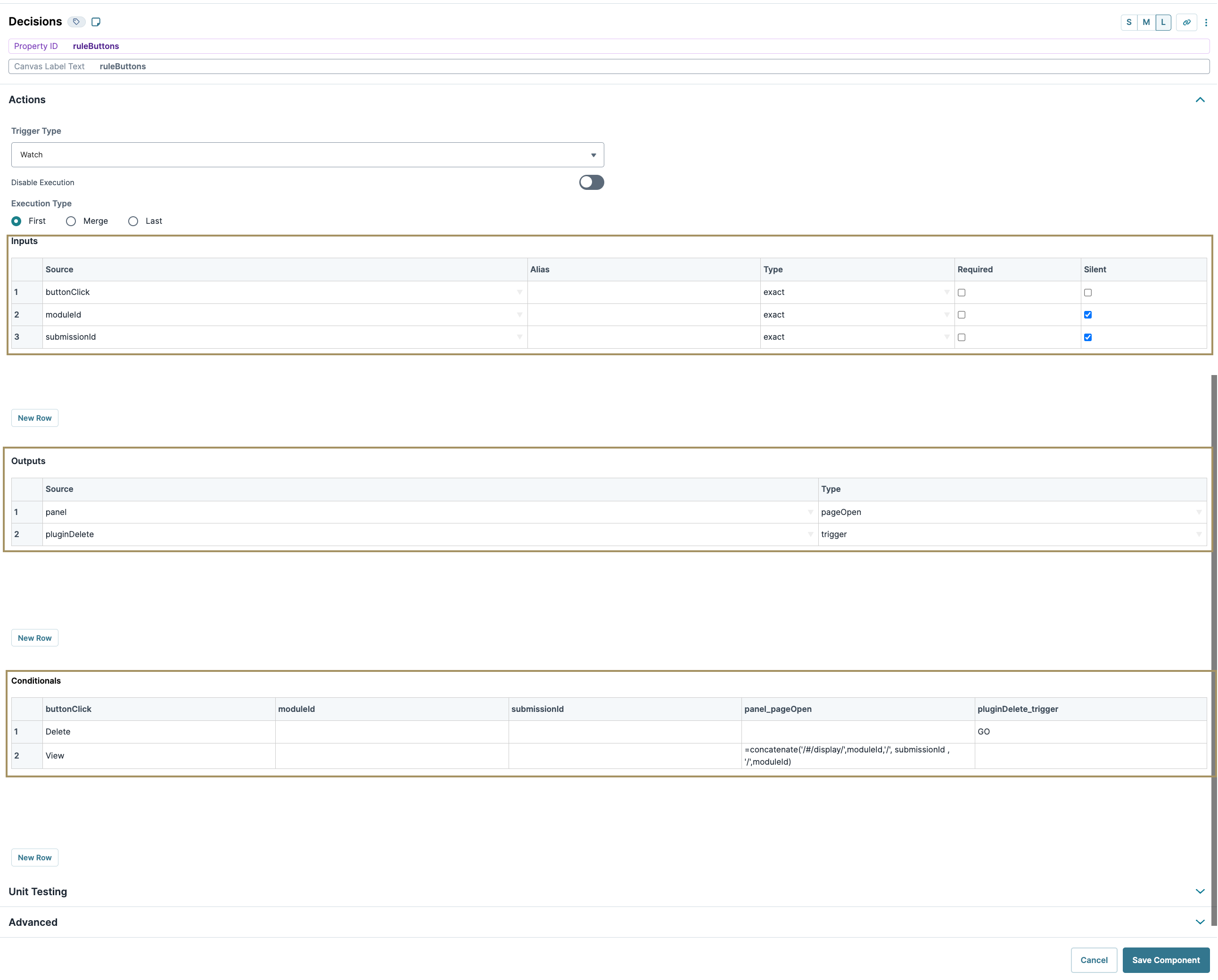 Configuration settings for decision actions, inputs, outputs, and conditionals in a software interface.