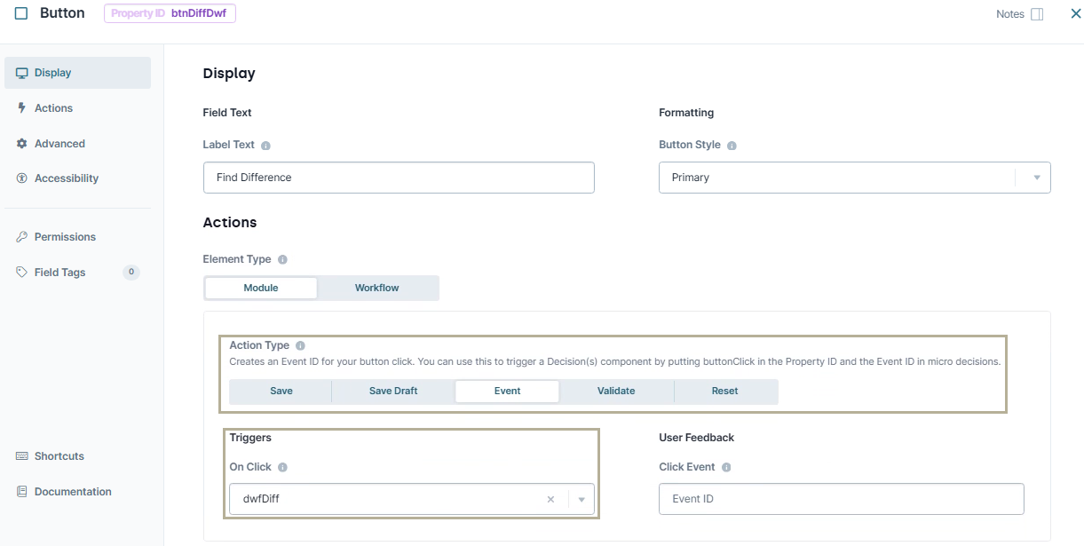 A static image displaying theeee configuration of the btnDiffDwf Button component in Classic Designer.