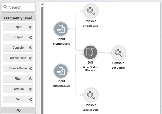 A static image displaying the configuration of the dwfDiff Data Workflow in Classic Designer.