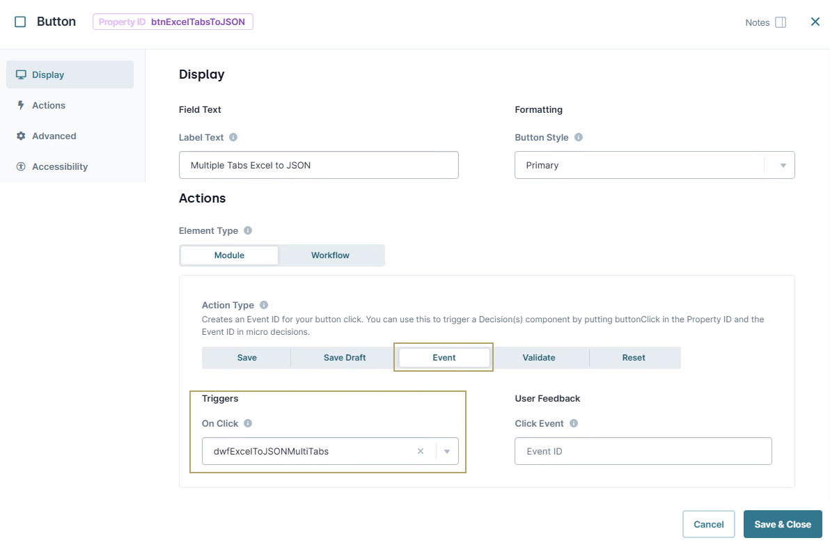 A static image displaying the Button configuration for converting multiple Excel tabs into JSON format with event triggers.