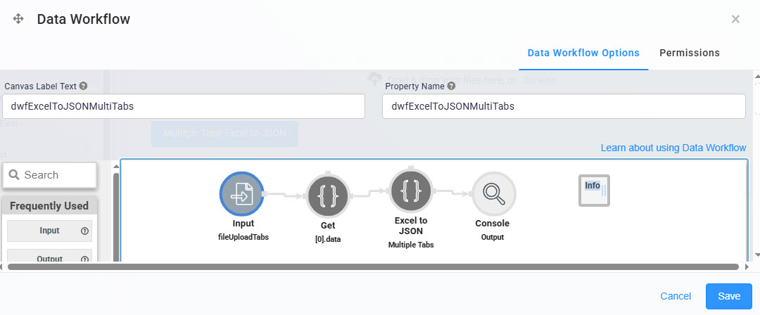 A static image displaying the Data workflow configuration showing steps to convert Excel to JSON format.