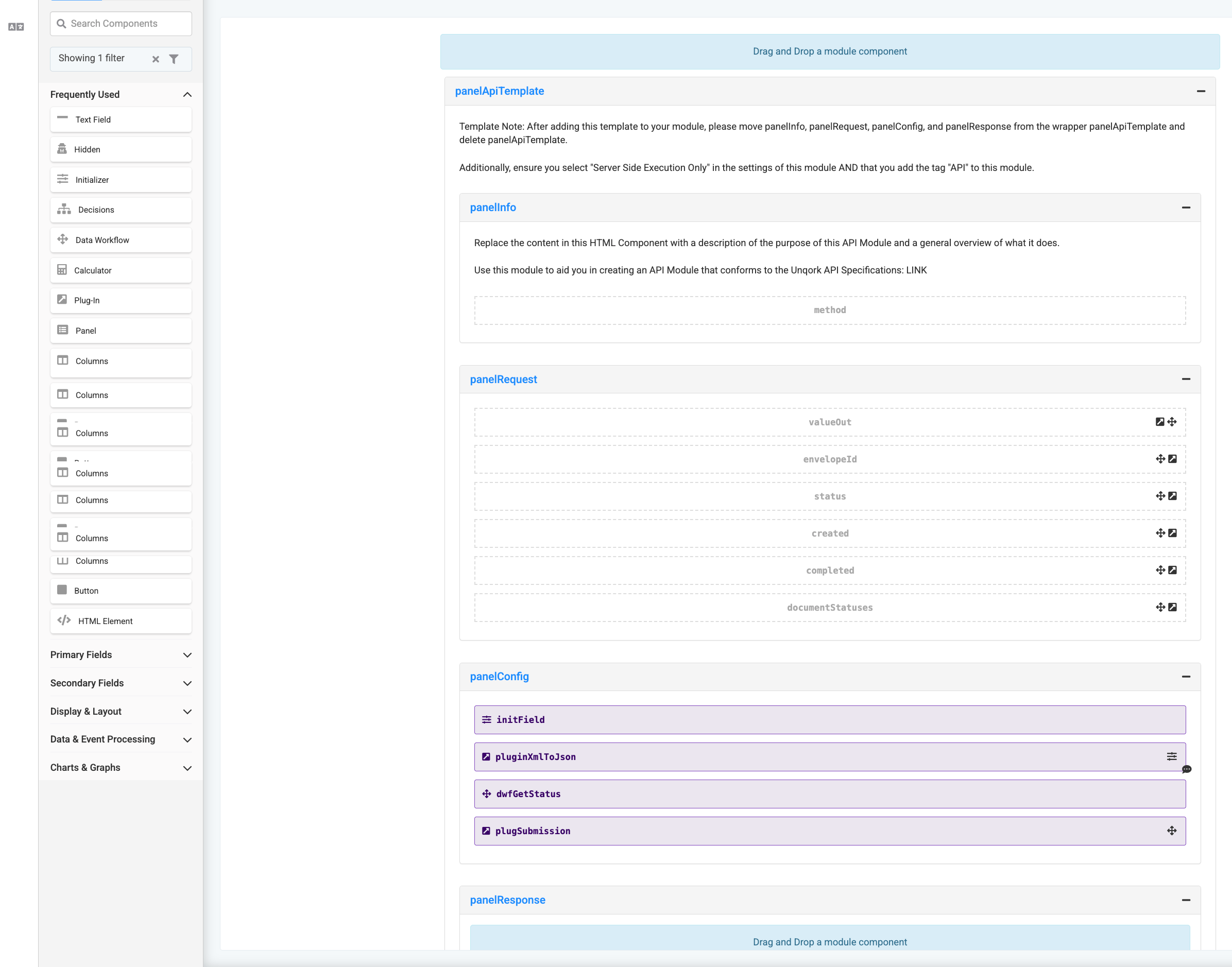 API module template with sections for panelInfo, panelRequest, panelConfig, and panelResponse.