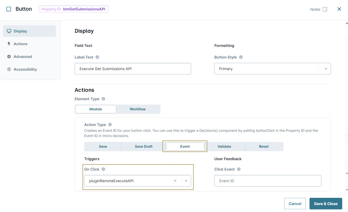 A static image displaying the Button configuration for executing the Get Submissions API with action triggers.