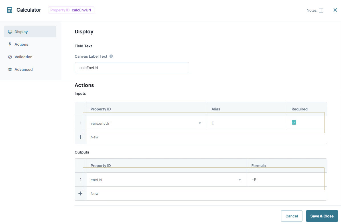 A static image displaying the Calculator settings showing property IDs and required fields for input and output actions.