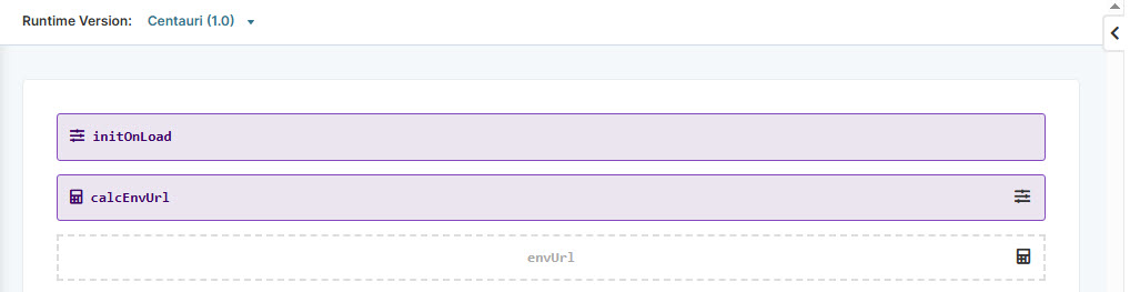 A static image displaying the module builder configuration showing functions initOnLoad and calcEnvUrl in a programming environment.
