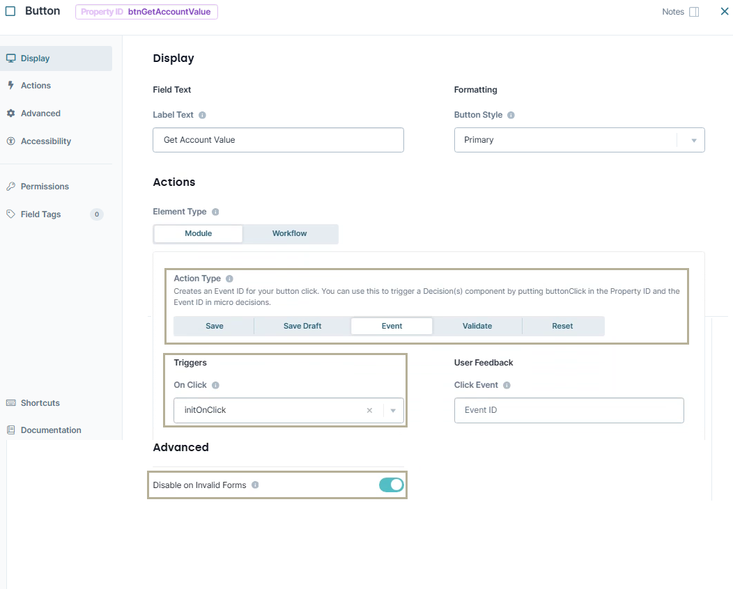 A static image displaying the configuration of the btnGetAccountValue Button component in the Classic Designer.