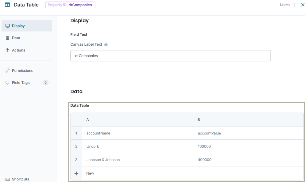 A static image displaying the configuration of the dtCompanies Data Table component in Classic Designer.