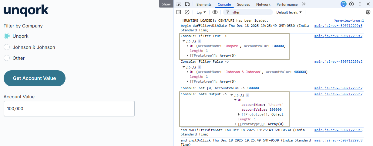 A static image displaying the Express View and DevTools Console output for Unqork selection.