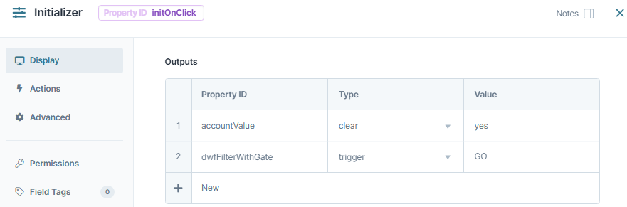 A static image displaying the configuration fo the intiOnClick Initializer component in Classic Designer.