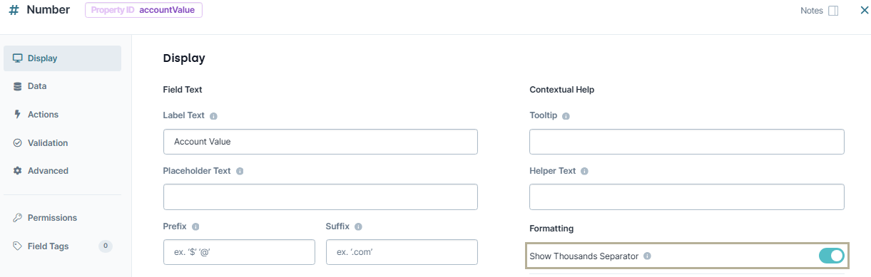 A static image displaying the configuration of the accountValue Number component in Classic Designer.