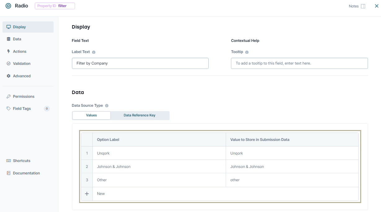 A static image displaying the configuration of the filter Radio Button component in Classic Designer.