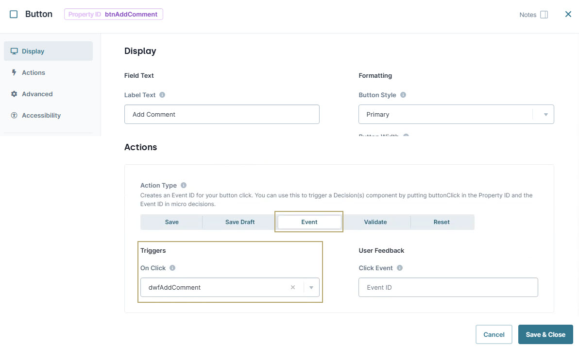 A static image displaying the Button configuration settings with options for actions and user feedback displayed.