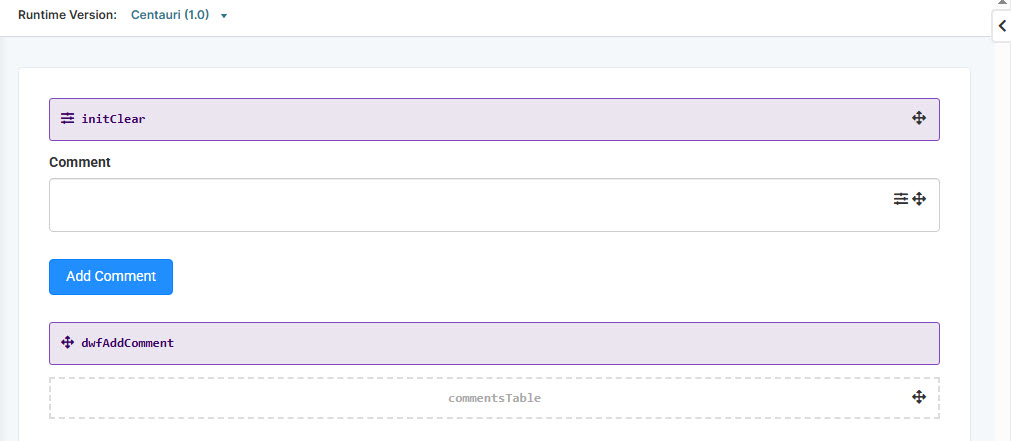 A static image displaying the Classic Designer Module Builder configuration for adding comments and clearing input.