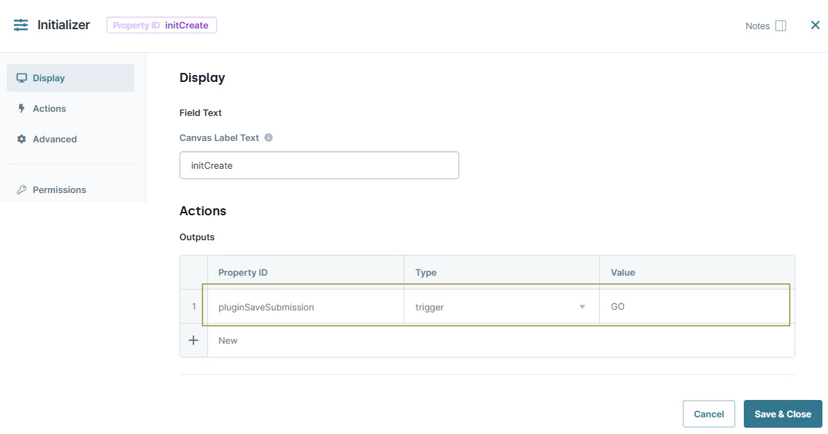 A static image displaying the Initializer Settings for a plugin submission with property ID and action outputs displayed.