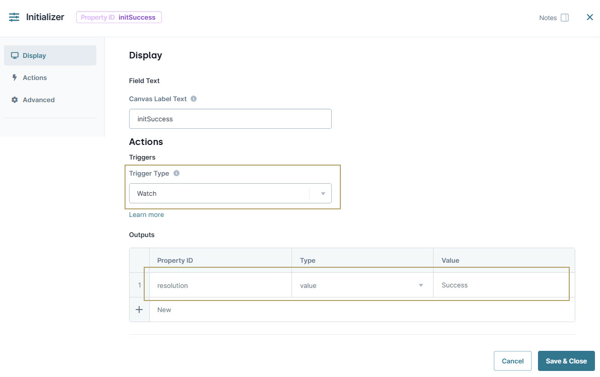 A static image displaying the Initializer settings showing field text, trigger type, and output properties for success.