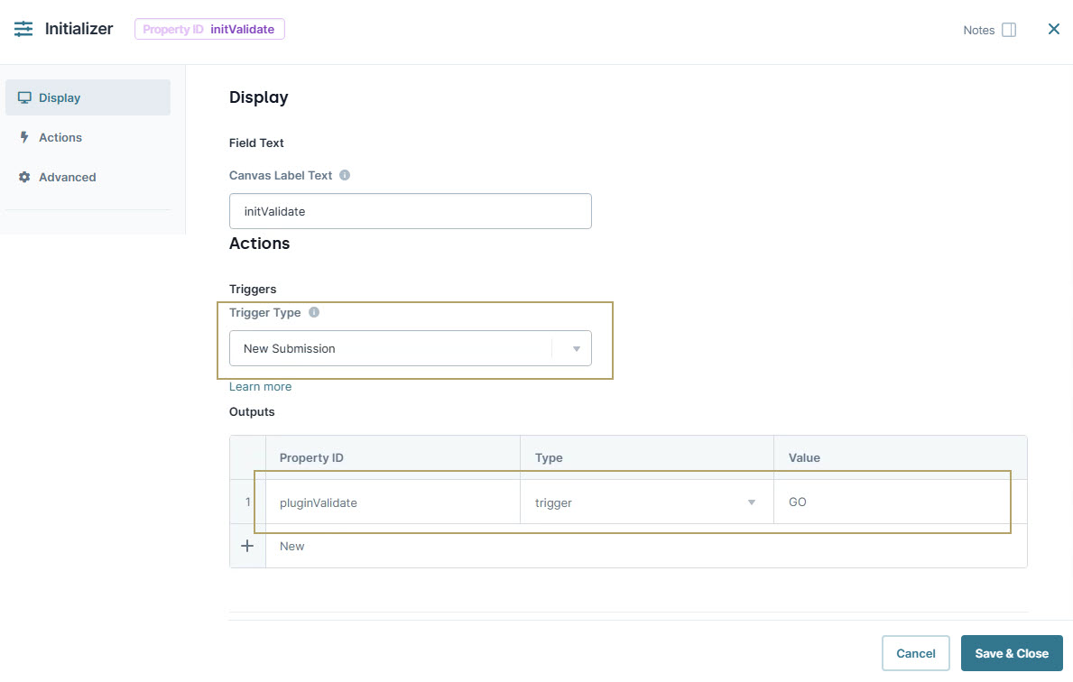 A static image displaying the Configuration settings for a new submission trigger and output properties in the application.