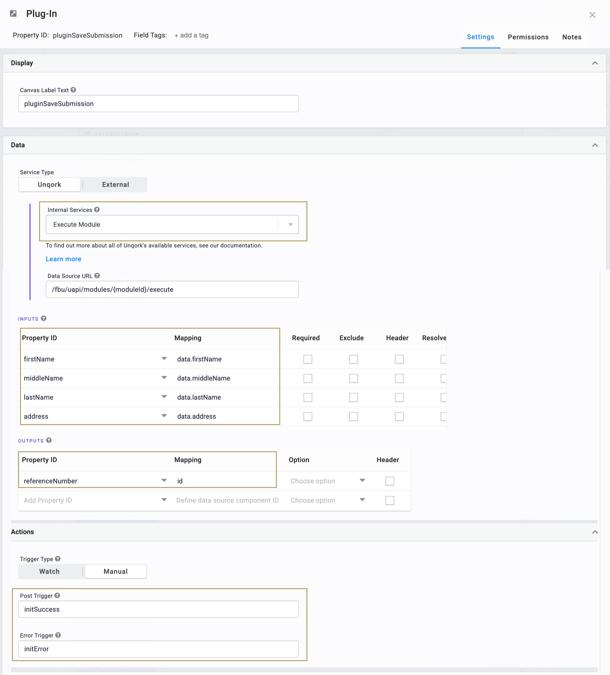 A static image displaying the Configuration settings for a plugin submission with input and output mappings displayed.