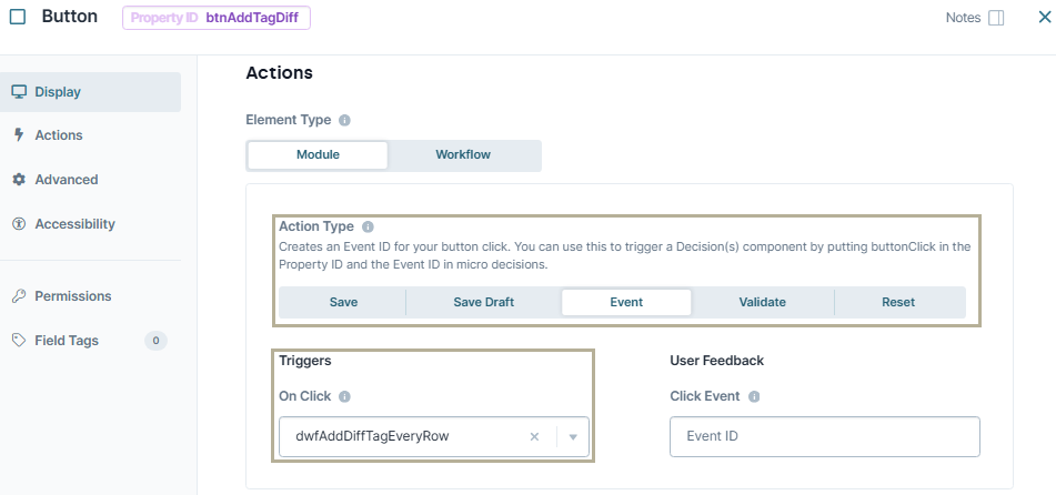 A static image displaying the configuration of the btnAddTagDiff Button component in Classic Designer.