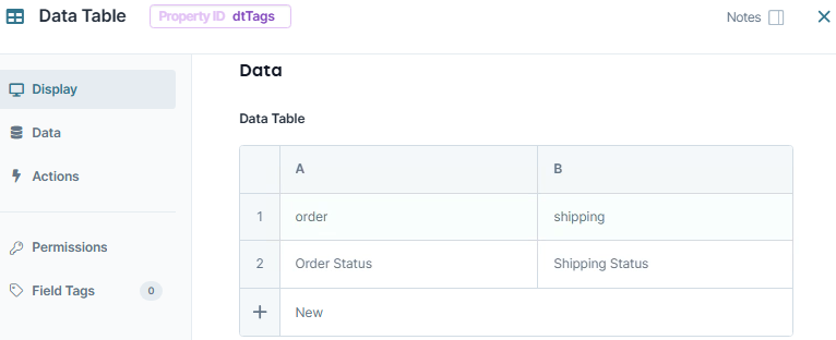 A static image displaying the configuration of the dtTags Data Table component in Classic Designer.