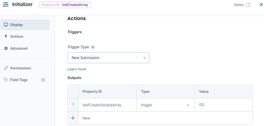 A static image displaying the configuration of the initCreateArray Initializer component in Classic Designer.