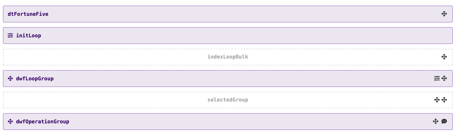 Code snippet showing various loop groups and operations in a programming context.