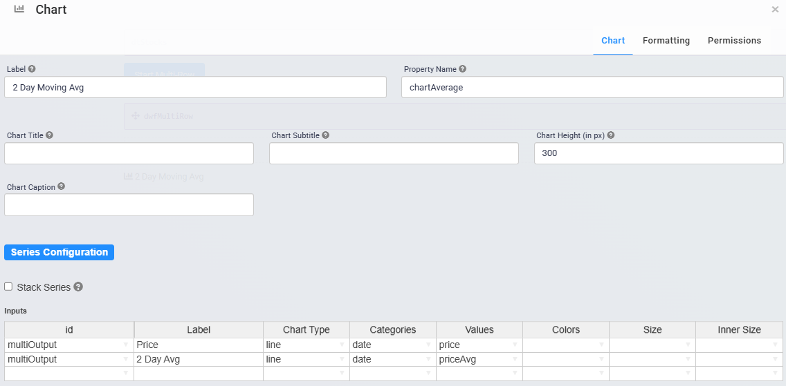 A static image displaying the configuration of the chartAverage Chart component.