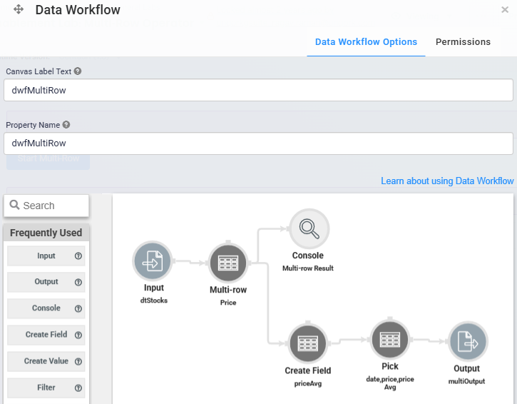 A static image displaying the configuration of the dwfMultiRow Data Workflow.