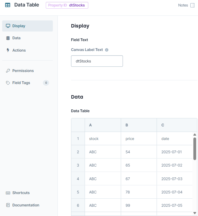 A static image displaying the Data Table contents of the dtStocks Data Table component.