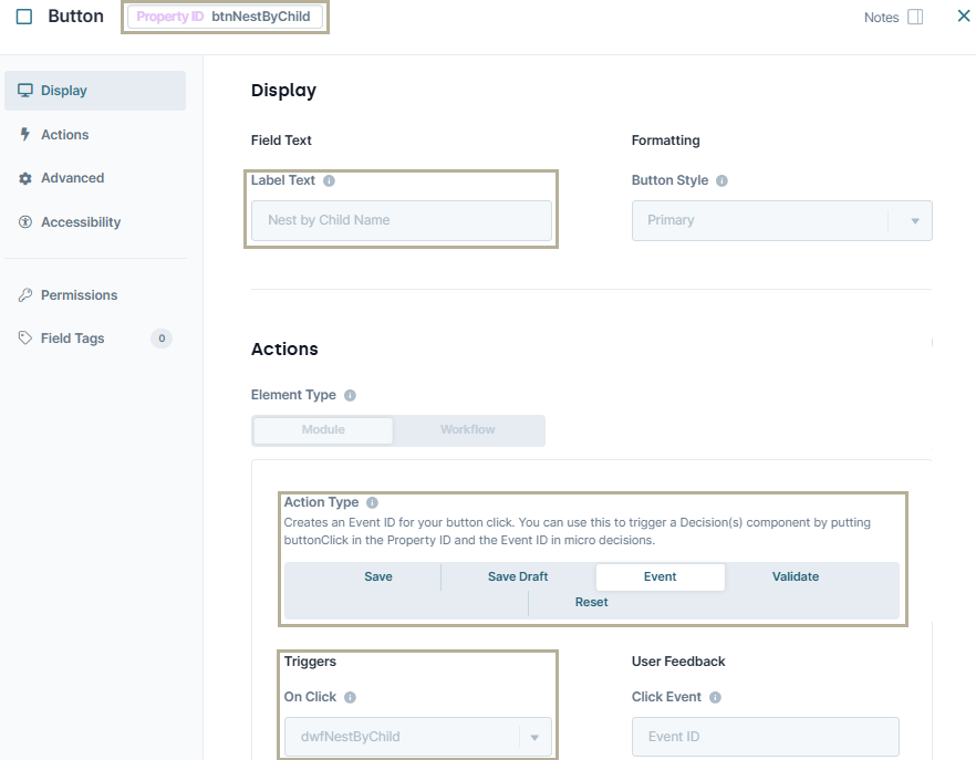A static image displaying the configuration of the btnNestByChild Button component.