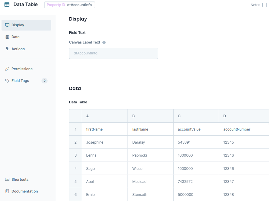 A static image displaying the configuration of the dtAccountInfo Data Table component.