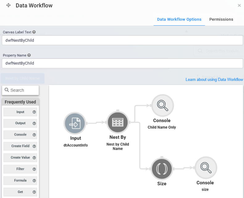 A static image displaying the configuration of the dwfNestByChild Data Workflow component.