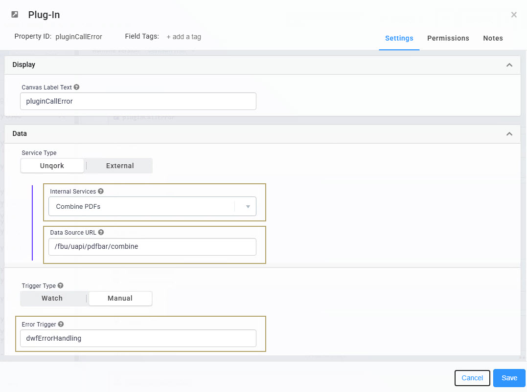 A static image displaying the Plugin component settings for combining PDFs and error handling.