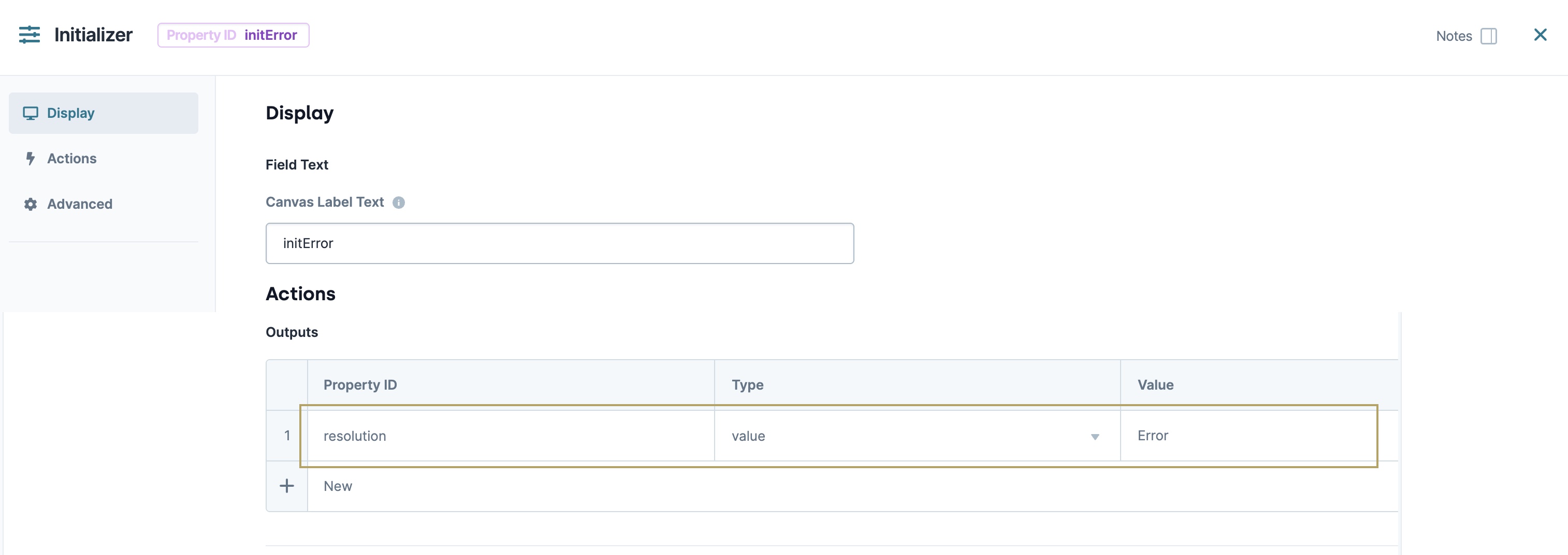 A static image displaying the Initializer settings showing an error related to resolution in the output section.