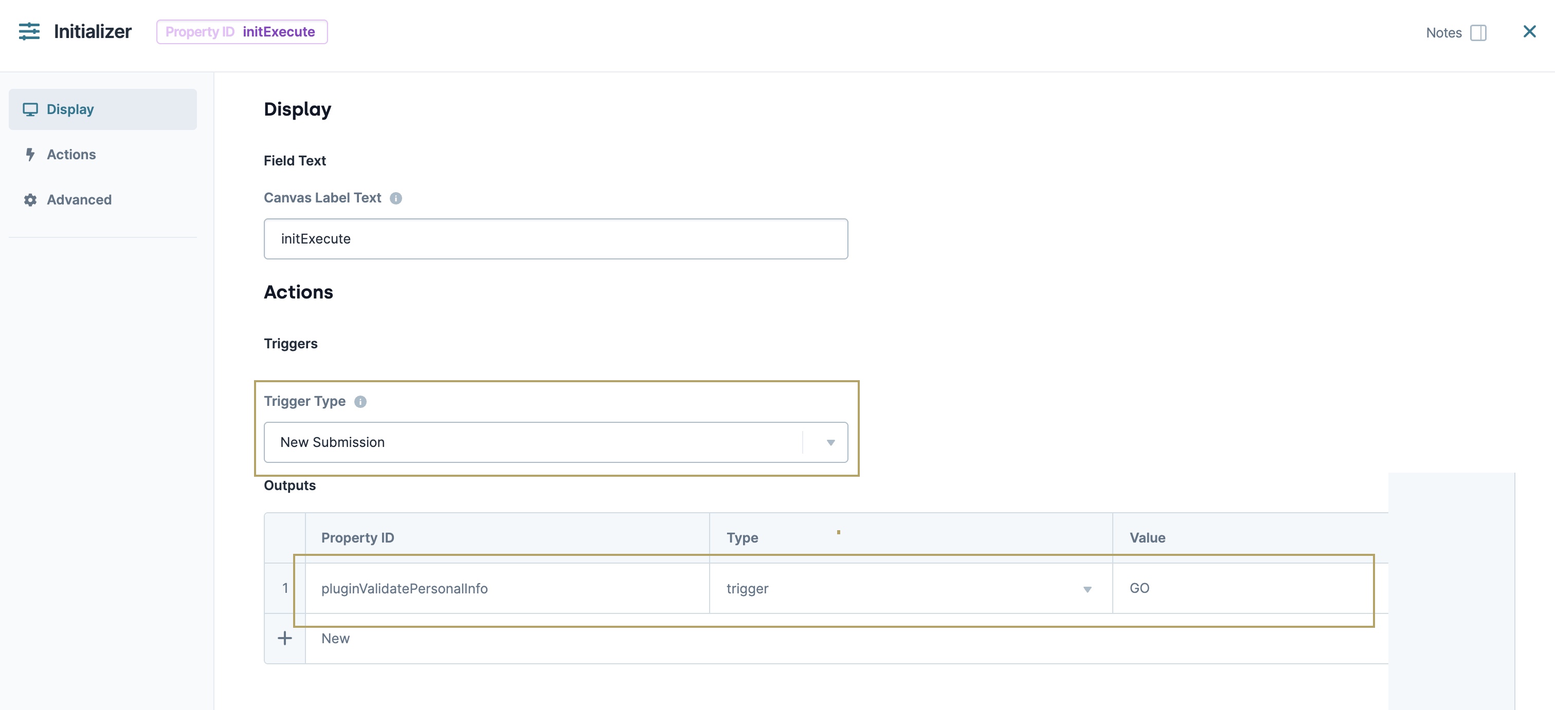 A static image displaying the Display settings for a trigger action labeled 'New Submission' in a software interface.