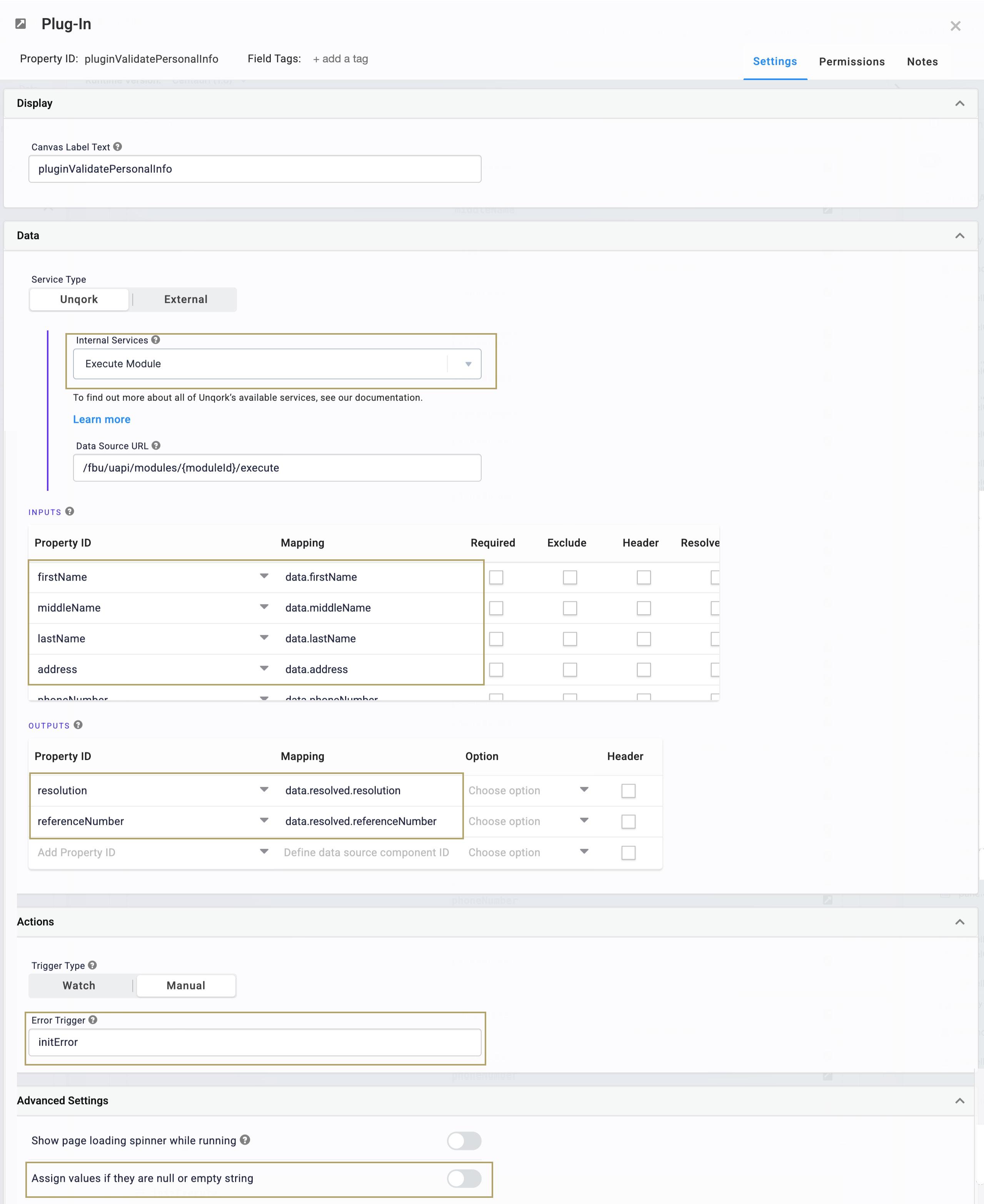 A static image displaying the Settings interface for a plugin with data mapping and action configurations displayed.