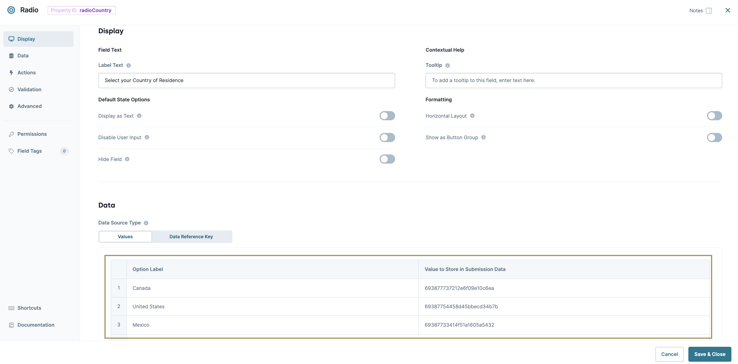 Form displaying country selection options for user residence with data source details.