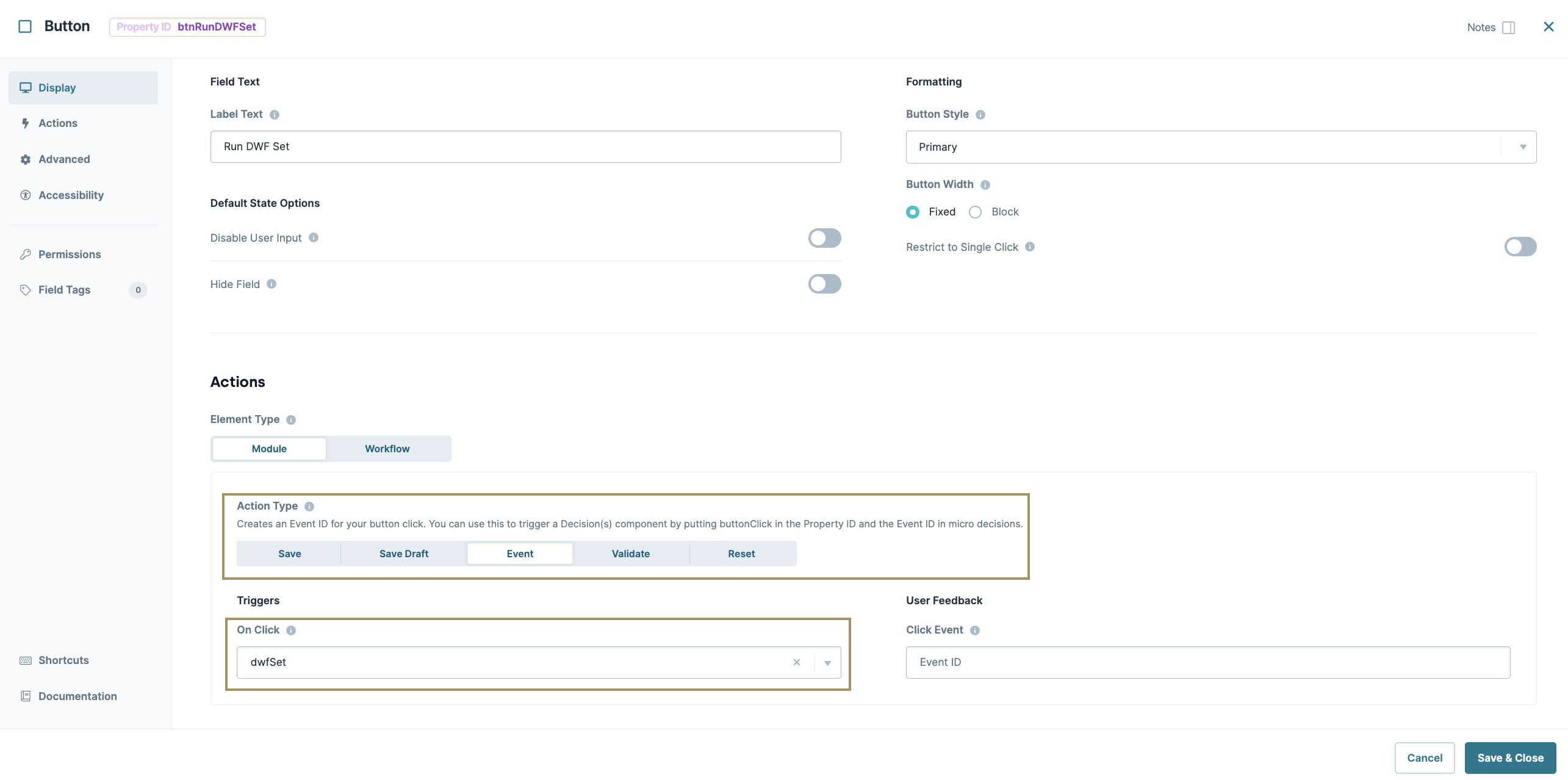 Button configuration settings with action types and user feedback options displayed.