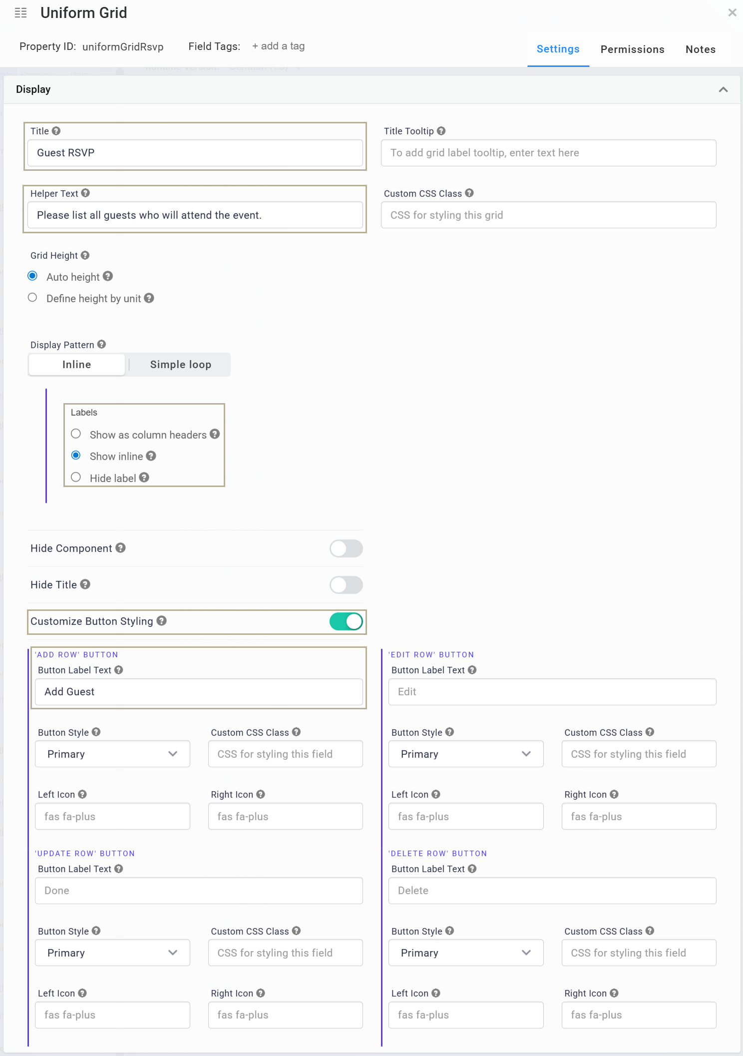 A static image displaying the configuration of the uniformGridRsvp Uniform Grid component in the Classic Designer.