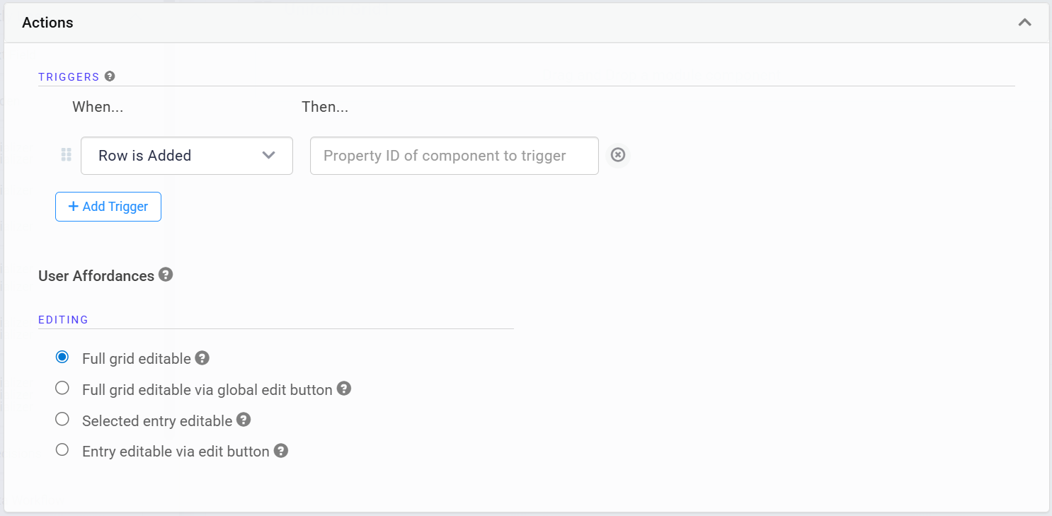 A static image displaying the Actions Panel of the Uniform Grid component in the Classic Designer.