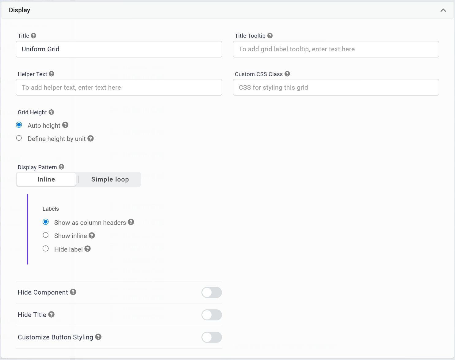 A static image displaying the Display Panel of the Uniform Grid component in the Classic Designer.