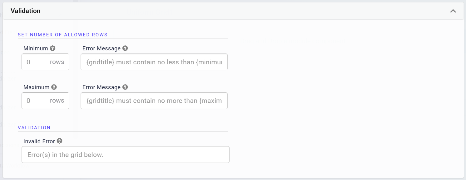 A static image displaying the Validation Panel of the Uniform Grid component in the Classic Designer.