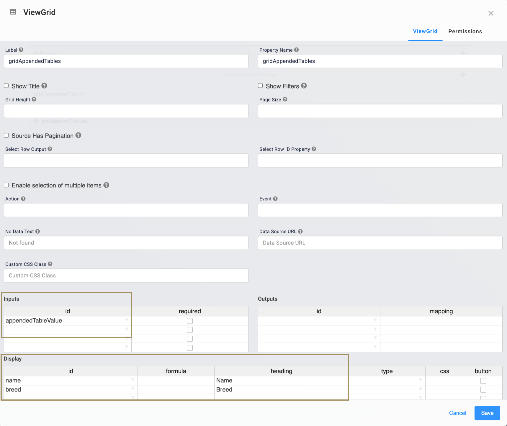 Configuration settings for a grid with inputs and outputs displayed in a user interface.