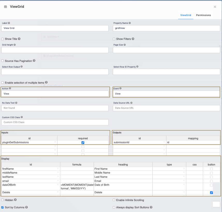Configuration settings for a ViewGrid, including inputs, outputs, and display options.