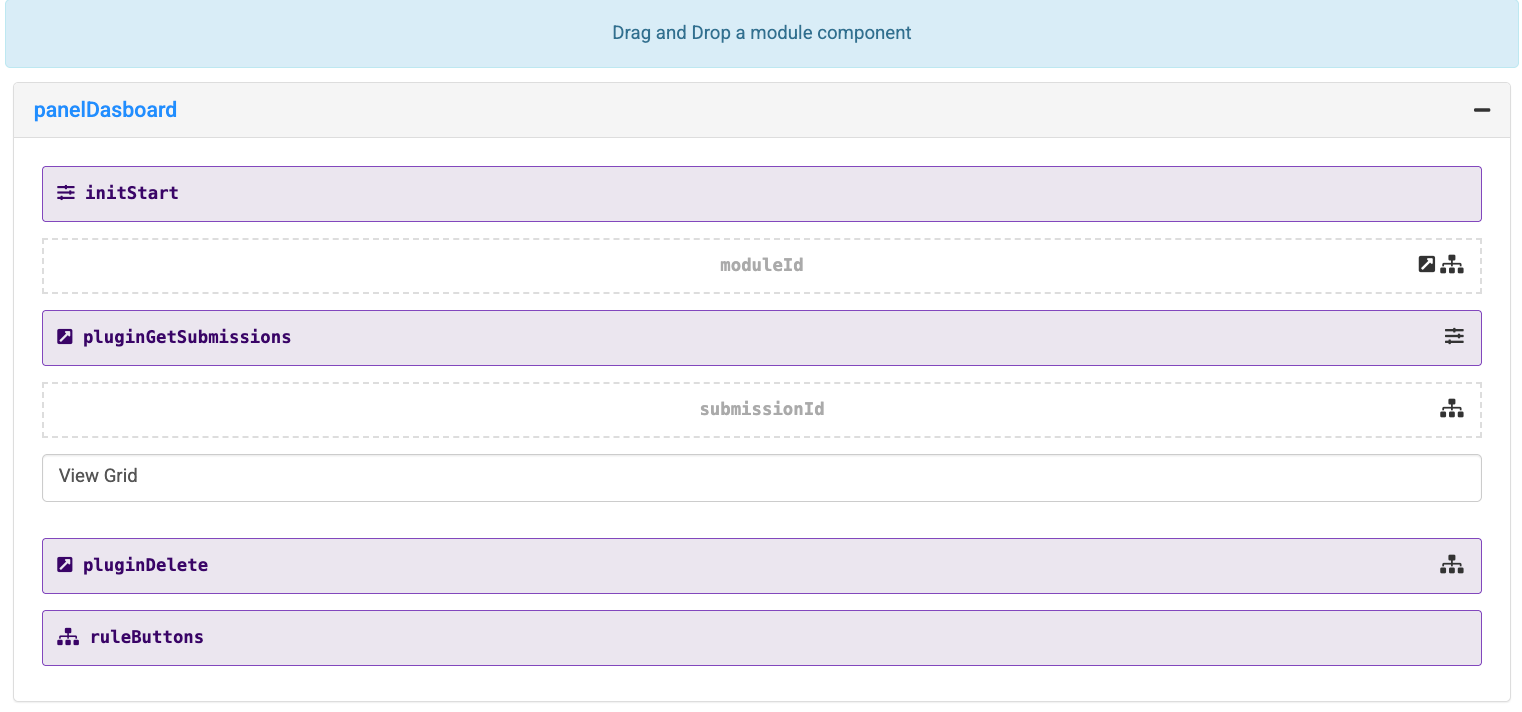 Dashboard interface displaying module components and options for managing submissions and rules.