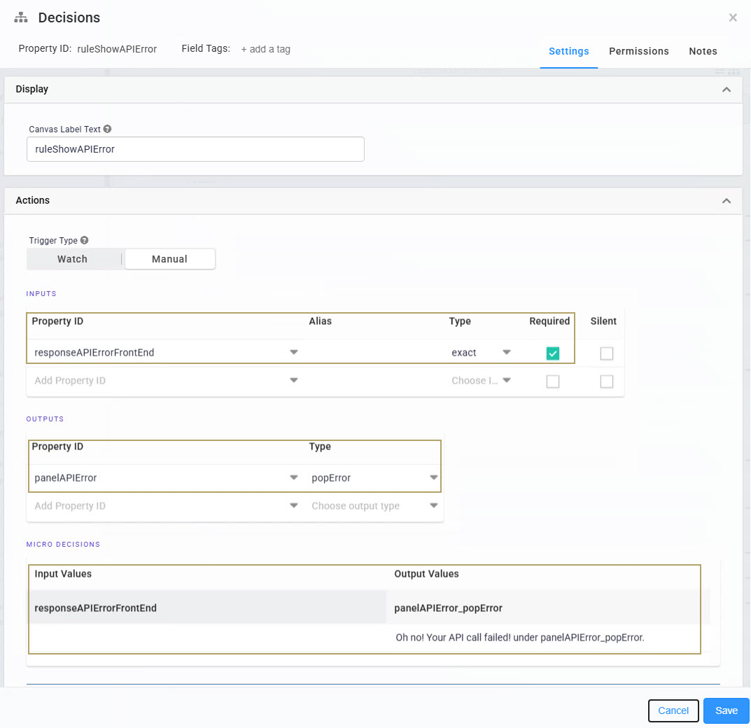 A static image displaying the Settings panel displaying API error handling and input-output configurations for decisions.