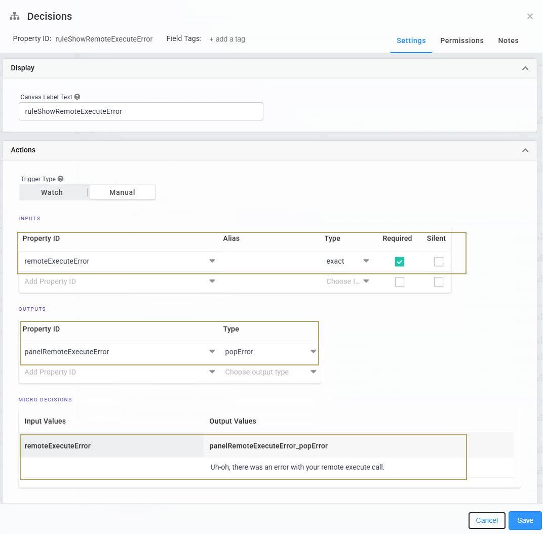 A static image displaying the Settings panel displaying property IDs and error messages for remote execution decisions.