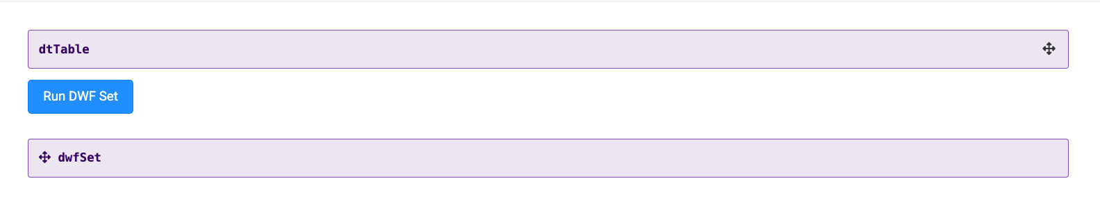 Interface displaying options for dtTable and dwfSet with a Run DWF Set button.